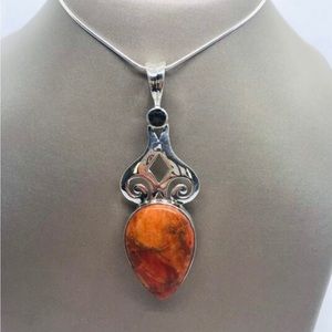 Silver, Polished Scroll Sponge Coral & Brown Quartz Pendant With 24” Long Chain